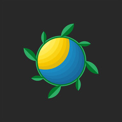 Local farm logo round shape, creative eco symbol, blue sky, bright sun and wreath of green leaves abstract landscape.