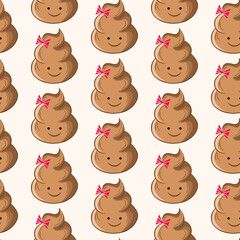 Seamless pattern with kawaii poop on white background. Cartoon poo, feces icons. Shit patterns, evil turd. Vector illustration for invitation, poster, card, fabric, textile. Doodle style