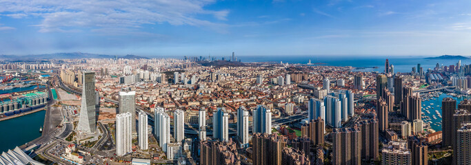 Aerial photography of Qingdao's western coastline port wharf