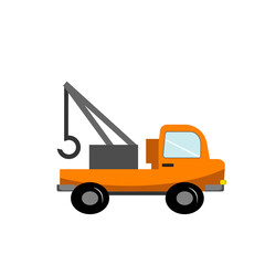 Orange car with a crane childrens toy illustration. Construction transport.Vector illustration on white isolated background. Drawing for use in prints, patterns, childrens products, games, cards and