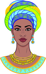 African beauty. Animation portrait of the young black woman in a turban. Vector color illustration isolated on a white background. Print, poster, t-shirt, card.