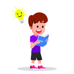 boy reading a book with a light bulb above his head