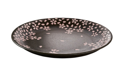 Brown ceramic plate with Cherry blossom pattern, Empty brown plate isolated on white background with clipping path, Side view 