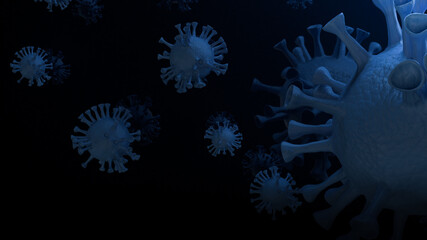 The blue virus in dark tone for outbreaks or medical content 3d rendering