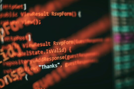 Desktop PC monitor photo. Javascript functions, variables, objects. Project managers work new idea. Future technology creation process.