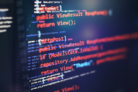 Desktop PC monitor photo. Javascript functions, variables, objects. Project managers work new idea. Future technology creation process.