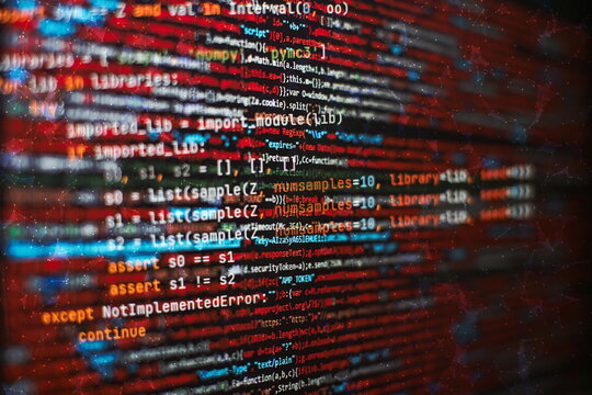 Notebook closeup photo. CSS, JavaScript and HTML usage. Monitor closeup of function source code. Abstract IT technology background. Software source code.