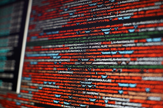Server logs analysis. Closeup developing programming and coding technologies. Developer working on web sites codes in office.