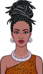 Animation portrait of the young beautiful African woman  in a dreadlocks. Color drawing. Vector illustration isolated on a white background. Print, poster, t-shirt, card.