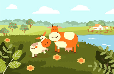 A cow with a calf on the background of a rural landscape. Vector flat illustration