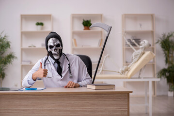 Reaper grim doctor examining skeleton patient