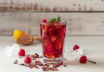 hibiscus ice tea or karkade lemonade with raspberries, mint, and lemon on a wooden table. 