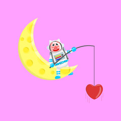 Illustration vector graphic cartoon of cute pig astronaut fishing a love. Childish cartoon design suitable for product design of children's books, t-shirt etc