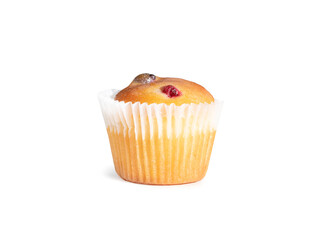 Fruit berry muffin or cupcake. Delicious small baked muffin with berries and muffin liner. Isolated on white.