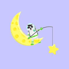 Illustration vector graphic cartoon of cute raccoon astronaut fishing a star. Childish cartoon design suitable for product design of children's books, t-shirt etc