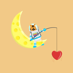 Illustration vector graphic cartoon of cute tiger astronaut fishing a love. Childish cartoon design suitable for product design of children's books, t-shirt etc