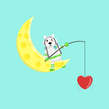 Illustration vector graphic cartoon of cute polar bear astronaut fishing a love. Childish cartoon design suitable for product design of children's books, t-shirt etc