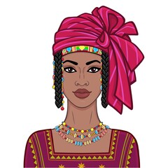 Animation portrait of the beautiful African woman in ancient clothes and turban. Color drawing. Vector illustration isolated on a white background. Print, poster, t-shirt, card.
