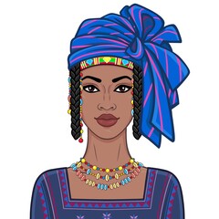 Animation portrait of the beautiful African woman in ancient clothes and turban. Color drawing. Vector illustration isolated on a white background. Print, poster, t-shirt, card.