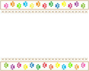 Multi-colored paw prints animals border design template with blank space for text.
