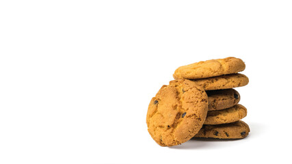 Fresh homemade cookies with chocolate chips and nuts isolated on a white background.
