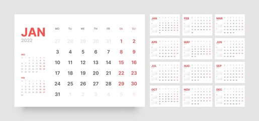 Monthly calendar for 2022 year. Week Starts on Monday.