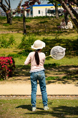 休日の公園で虫取り遊びをする女の子