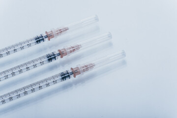 Medicine, Injection, vaccine and disposable syringe isolated, drug concept. Sterile vial medical....