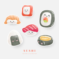 Watercolor sushi sticker set. Digital paint. Vector illustration.