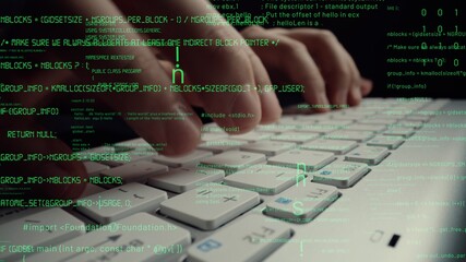 Creative visual of computer programming coding and software development shown by man working on computer keyboard with overlay of computer graphic displaying abstract program codes and computer script