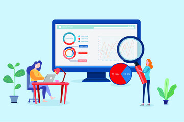 Auditing, business analysis concept with characters. Concept of opportunities. Graphic and audit documentation, economic analysis financial budget. Illustration Flat isometric vector background.