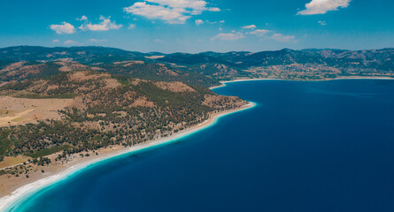 Beautiful sea cost view. Turkey sea costline beach. Sunlight in summer sunny day.