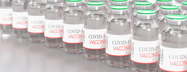 Vaccine. Many disposable vials on the table of Covid-19 coronavirus vaccine. Medicine infectious concept. 3d rendering