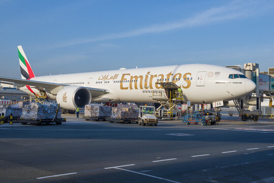DUBAI, UAE - FEBRUARY 02, 2020:  Boeing 777-300 (A6-ECS) of Emirates Airlines loading on the Dubai International Airport