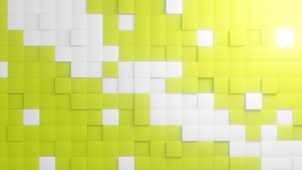 Green and white background aesthetic. 3D illustration of abstract cube formation