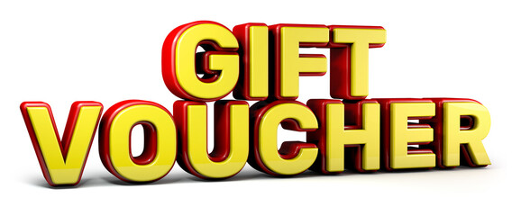 Gift voucher 3d word made from red and yellow isolated on white background. 3d illustration.