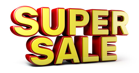 Super sale 3d word made from red and yellow isolated on white background. 3d illustration.