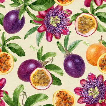 Watercolor seamless pattern passion fruit on a craft paper background.