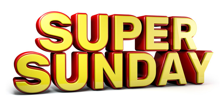 Super sunday 3d word made from red and yellow isolated on white background. 3d illustration.