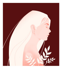 Portrait of a European woman with white hair, albino is a rare feature Profile portrait woman in leaves Bold Elegant Strong Independent Different woman. International Women's Day, independence