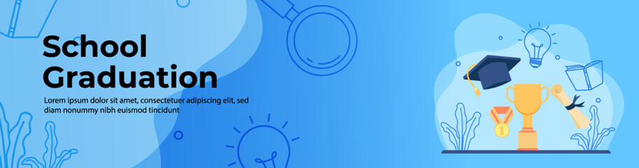 Education Web Banner Design.graduation roll paper with graduation cap and trophy. scholarship and education achievement header or footer banner.