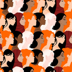 Seamless pattern Multinational beautiful women, African, Asian, European, Arab, Indian, brave and strong women support each other, female friendship. Struggle for rights, independence, equality.