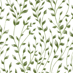 Nature seamless pattern. Twigs with transparent green leaves on white background. Template for design, textile, wallpaper, ceramics.