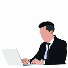 young businessman sitting and working with laptop over white background - 426958184