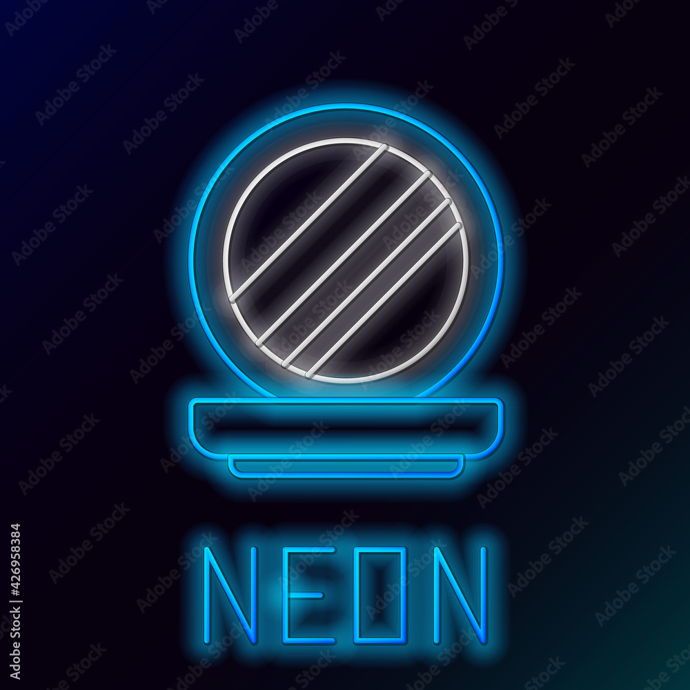 Sticker Glowing neon line Makeup powder with mirror icon isolated on black background. Colorful outline concept. Vector