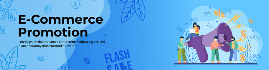 E-commerce Promotion Web Banner Design. People do negotiation and promotion with a big megaphone. E-Commerce, Online Shopping header or footer banner.
