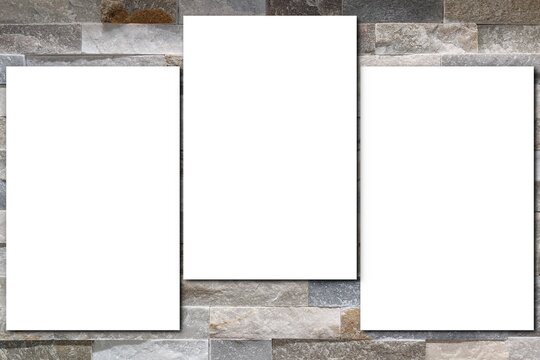 Blank three sheet paper on light grey stone background in top view of Mock up for design