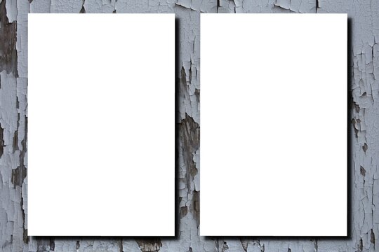 two white empty blank Vertical Posters Mockup A4 Mock-up on vintage old grey wooden wall