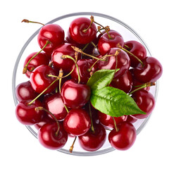 glass bowl of sweet cherry fruits isolated on white background