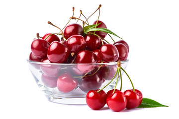 glass bowl of sweet cherry fruits isolated on white background